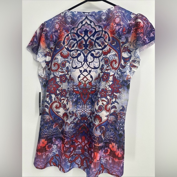 Apt 9 New Colorful Paisley Print Lace Sequin Trim Flutter Sleeve Top Size S - Picture 5 of 5